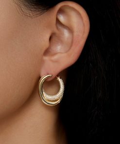 Minimalist Double-Layer Gold-Plated Oval Ear Clip Earrings with Diamond-Inlaid Design - High-End European and American Luxury Style