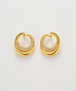 Minimalist Double-Layer Gold-Plated Oval Ear Clip Earrings with Diamond-Inlaid Design - High-End European and American Luxury Style