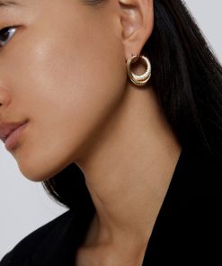 Minimalist Double-Layer Gold-Plated Oval Ear Clip Earrings with Diamond-Inlaid Design - High-End European and American Luxury Style