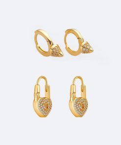 Minimalist French Retro Gold-Plated Heart Lock Ear Clip Earrings with Diamond Studs for Women - European and American Style