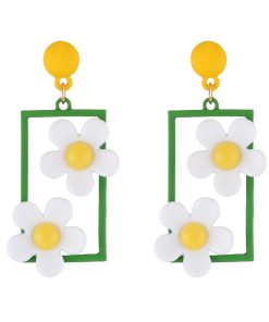 Minimalist Fresh Green and White Floral Stud Earrings, Personalized Forest Style Jewelry for Women