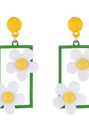 Minimalist Fresh Green and White Floral Stud Earrings, Personalized Forest Style Jewelry for Women
