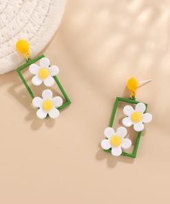 Minimalist Fresh Green and White Floral Stud Earrings, Personalized Forest Style Jewelry for Women
