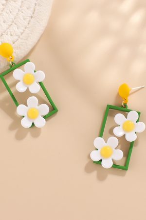 Minimalist Fresh Green and White Floral Stud Earrings, Personalized Forest Style Jewelry for Women