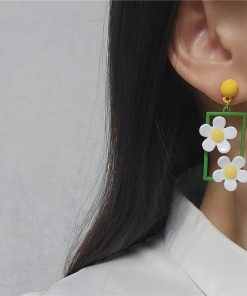 Minimalist Fresh Green and White Floral Stud Earrings, Personalized Forest Style Jewelry for Women