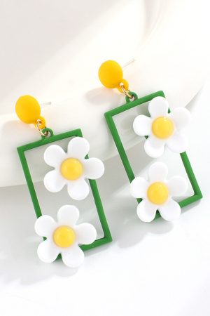 Minimalist Fresh Green and White Floral Stud Earrings, Personalized Forest Style Jewelry for Women