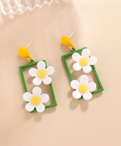 Minimalist Fresh Green and White Floral Stud Earrings, Personalized Forest Style Jewelry for Women