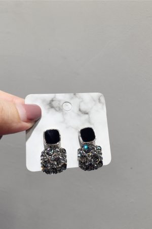 Minimalist Full Diamond Inlaid Square S925 Silver Needle Earrings - Sparkling Black Geometric Drop Earrings for Chic Style
