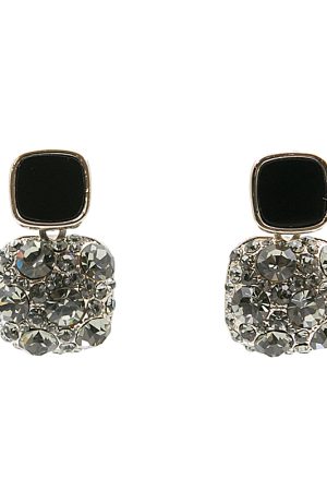 Minimalist Full Diamond Inlaid Square S925 Silver Needle Earrings - Sparkling Black Geometric Drop Earrings for Chic Style
