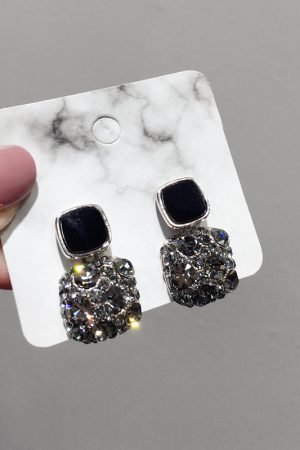Minimalist Full Diamond Inlaid Square S925 Silver Needle Earrings - Sparkling Black Geometric Drop Earrings for Chic Style