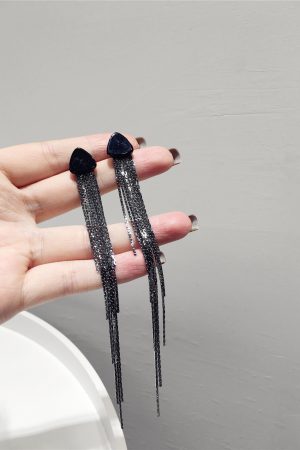 Minimalist Irregular Ultra-Long Tassel Triangle Drop Earrings in S925 Silver for Slimming Face Effect
