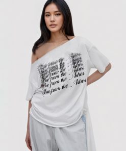 Minimalist Letter Print Off-Shoulder Short Sleeve T-Shirt - Versatile Solid Color Summer Streetwear Top for American Style Fashion