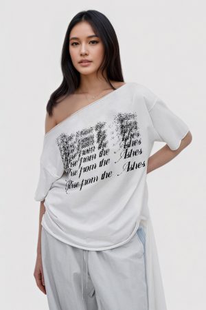 Minimalist Letter Print Off-Shoulder Short Sleeve T-Shirt - Versatile Solid Color Summer Streetwear Top for American Style Fashion
