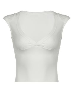 Minimalist Low-Cut V-Neck Short Sleeve T-Shirt for Women - American Style Solid Color Versatile Fitted Layering Top