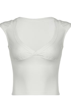 Minimalist Low-Cut V-Neck Short Sleeve T-Shirt for Women - American Style Solid Color Versatile Fitted Layering Top