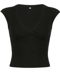 Minimalist Low-Cut V-Neck Short Sleeve T-Shirt for Women - American Style Solid Color Versatile Fitted Layering Top