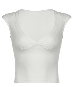 Minimalist Low-Cut V-Neck Short Sleeve T-Shirt for Women - American Style Solid Color Versatile Fitted Layering Top