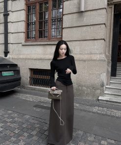 Minimalist Luxury Split Hem Midi Skirt for Women - High-End Brown Straight Skirt for Pear-Shaped Figures - Spring Summer Fashion