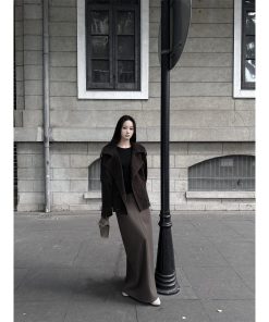 Minimalist Luxury Split Hem Midi Skirt for Women - High-End Brown Straight Skirt for Pear-Shaped Figures - Spring Summer Fashion