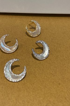Minimalist Moon Earrings for Women, Japanese & Korean Style, Mother-of-Pearl Inlaid, Pure Silver, Trendy Cold Aesthetic