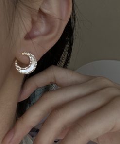 Minimalist Moon Earrings for Women, Japanese & Korean Style, Mother-of-Pearl Inlaid, Pure Silver, Trendy Cold Aesthetic