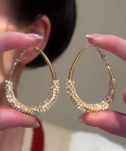 Minimalist Oval Metal Ear Hoops with Micro-Inlaid Zircon - Niche Drop Earrings for Women, Flattering for Round Faces, European & American Style