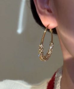 Minimalist Oval Metal Ear Hoops with Micro-Inlaid Zircon - Niche Drop Earrings for Women, Flattering for Round Faces, European & American Style