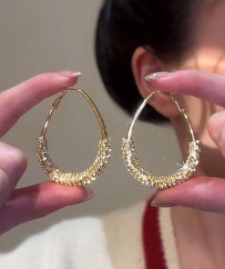 Minimalist Oval Metal Ear Hoops with Micro-Inlaid Zircon - Niche Drop Earrings for Women, Flattering for Round Faces, European & American Style