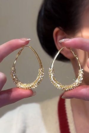 Minimalist Oval Metal Ear Hoops with Micro-Inlaid Zircon - Niche Drop Earrings for Women, Flattering for Round Faces, European & American Style