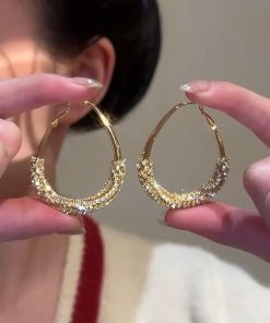 Minimalist Oval Metal Ear Hoops with Micro-Inlaid Zircon - Niche Drop Earrings for Women, Flattering for Round Faces, European & American Style