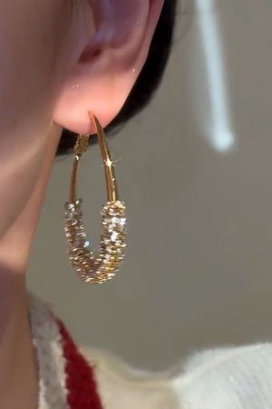 Minimalist Oval Metal Ear Hoops with Micro-Inlaid Zircon - Niche Drop Earrings for Women, Flattering for Round Faces, European & American Style