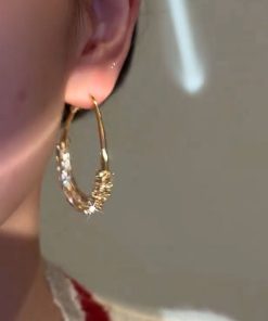 Minimalist Oval Metal Ear Hoops with Micro-Inlaid Zircon - Niche Drop Earrings for Women, Flattering for Round Faces, European & American Style