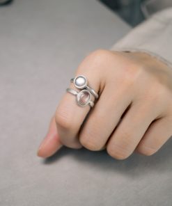 Minimalist Peach Blossom Powder Crystal 925 Silver Inlaid Ring - Retro Matte Versatile Women's Jewelry