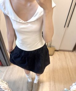 Minimalist Retro Doll Collar Short-Sleeve T-Shirt Top for Women – Fitted Waist, Slim Elegant Design, Fresh College Style