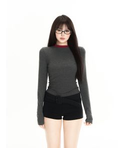 Minimalist Round Neck Pullover Long Sleeve T-Shirt for Women - Elegant Slim Fit Knit Top for Autumn Fashion