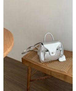 Minimalist Silver Backpack for Women, Versatile Solid Color Commuter Bag, Small Square Handbag for College Students