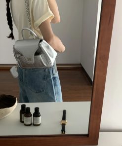 Minimalist Silver Backpack for Women, Versatile Solid Color Commuter Bag, Small Square Handbag for College Students
