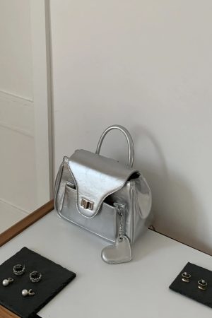 Minimalist Silver Backpack for Women, Versatile Solid Color Commuter Bag, Small Square Handbag for College Students