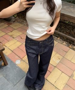 Minimalist Slim-Fit Round Neck Short Sleeve T-Shirt for Women - Classic Four-Color Design, Perfect for Casual Y2K Style