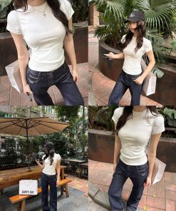 Minimalist Slim-Fit Round Neck Short Sleeve T-Shirt for Women - Classic Four-Color Design, Perfect for Casual Y2K Style