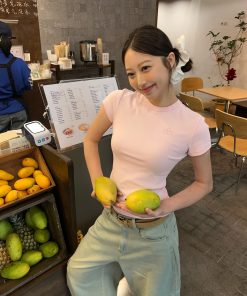 Minimalist Slim-Fit Round Neck Short Sleeve T-Shirt for Women - Classic Four-Color Design, Perfect for Casual Y2K Style