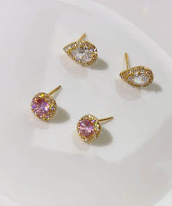 Minimalist Small Square Pink Diamond Water Drop Zircon Stud Earrings - Elegant Fashion Jewelry for Everyday Wear
