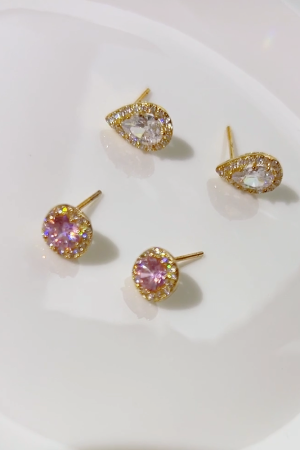 Minimalist Small Square Pink Diamond Water Drop Zircon Stud Earrings - Elegant Fashion Jewelry for Everyday Wear