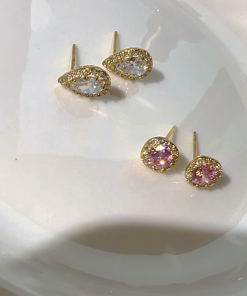 Minimalist Small Square Pink Diamond Water Drop Zircon Stud Earrings - Elegant Fashion Jewelry for Everyday Wear