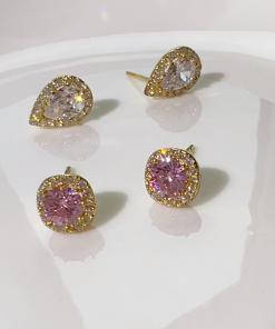 Minimalist Small Square Pink Diamond Water Drop Zircon Stud Earrings - Elegant Fashion Jewelry for Everyday Wear