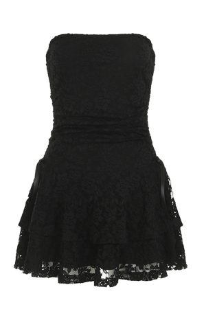 Minimalist Vintage Black Lace Strapless Bow Dress - Sexy Waist-Cinching A-Line Short Skirt for Summer Events and Parties