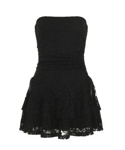 Minimalist Vintage Black Lace Strapless Bow Dress - Sexy Waist-Cinching A-Line Short Skirt for Summer Events and Parties