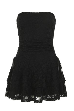 Minimalist Vintage Black Lace Strapless Bow Dress - Sexy Waist-Cinching A-Line Short Skirt for Summer Events and Parties