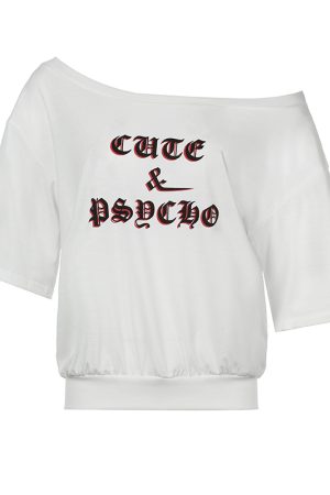 Minimalist White Letter Printed Off-Shoulder Short Sleeve T-Shirt - Versatile Loose-Fit Top for Women - Y2K American Style