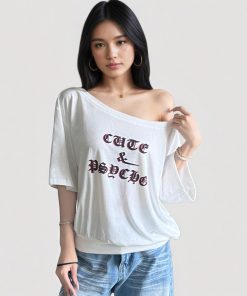 Minimalist White Letter Printed Off-Shoulder Short Sleeve T-Shirt - Versatile Loose-Fit Top for Women - Y2K American Style